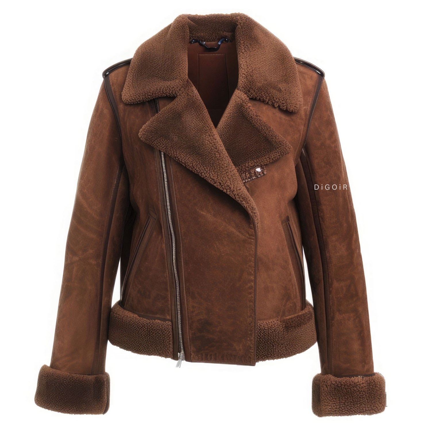 Dames Luxe Chocoladebruine Suede Bont Aviator Jas