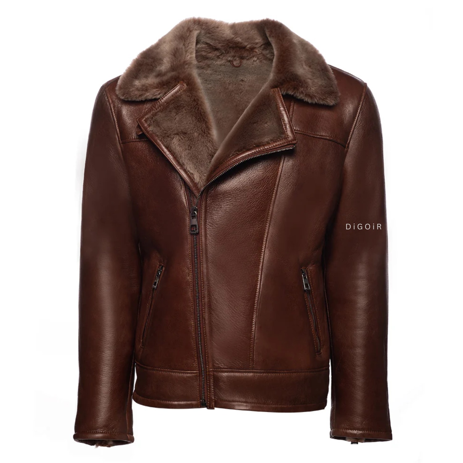 Heren Luxe Bruin Leren WinterJas met Sherpa Bont