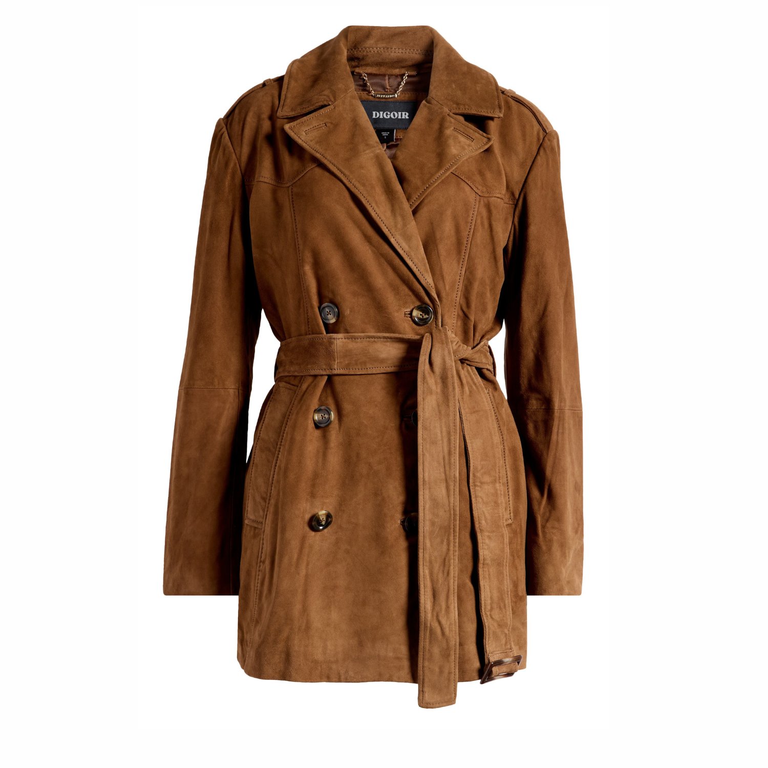 Luxe Chestnut Bruine Suede Trenchcoat Kort Dames